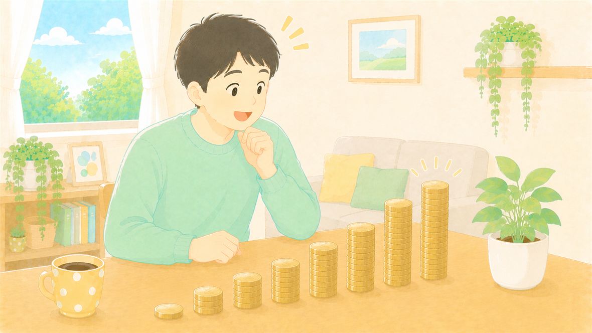 資産の増え方が加速し、コインが高く積み上がっていくイラスト