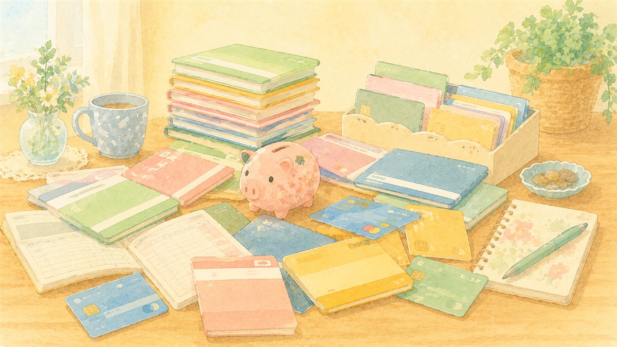 増えていく通帳とカードのイラスト