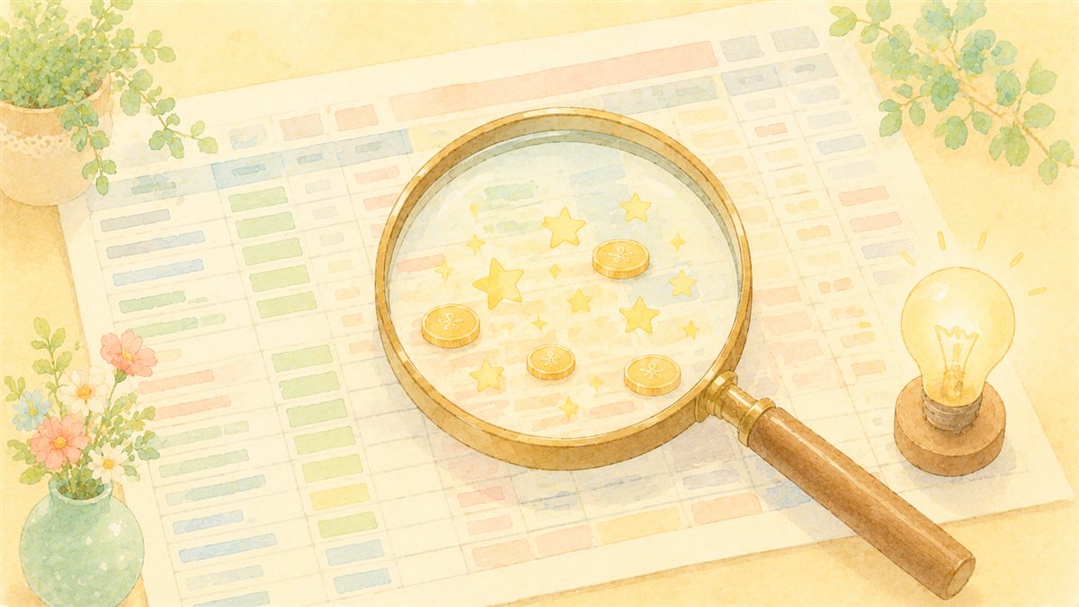 家計データを虫めがねで調べるイラスト