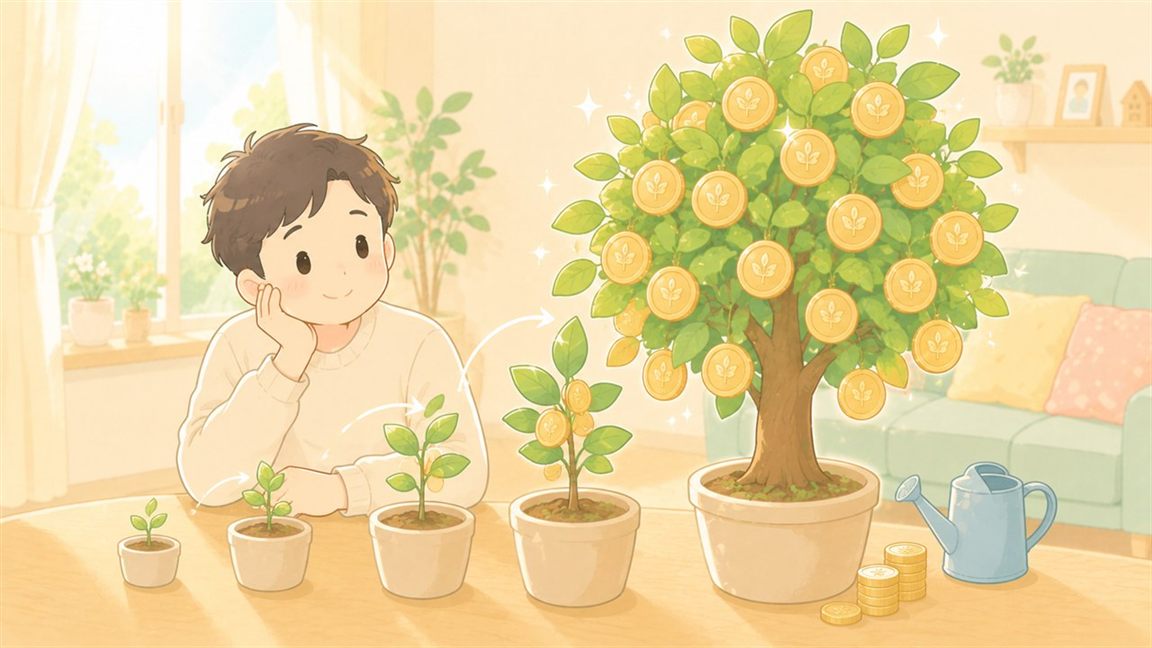 小さな芽から育ち、コインのなるお金の木に成長していくイメージ