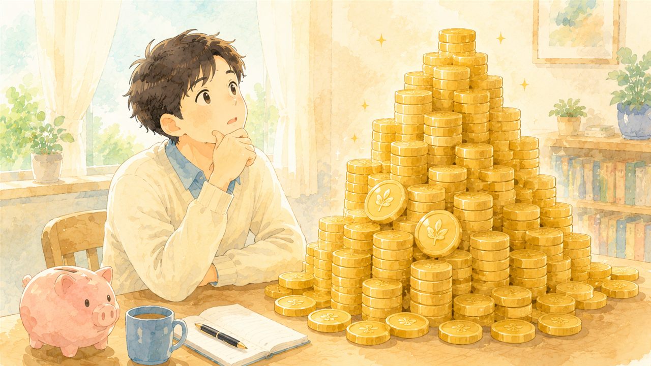 積み上がったコインの山を前に、これだけ貯めなきゃダメなのかと考える人