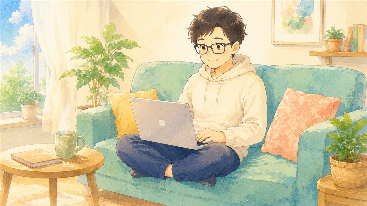 自宅のソファでリラックスして、軽やかに在宅ワークする人