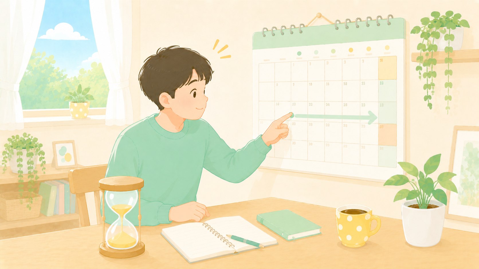 カレンダーと砂時計を前に、1年遅れで税が来る仕組みに納得する人