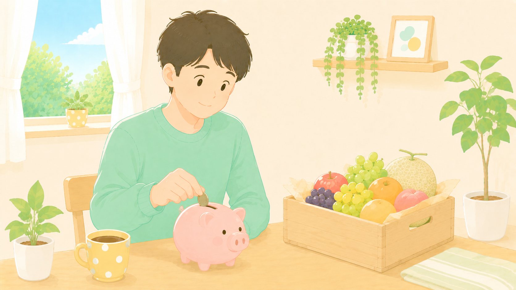 穏やかな笑顔で貯金箱にコインを入れる人。横にはふるさと納税の返礼品