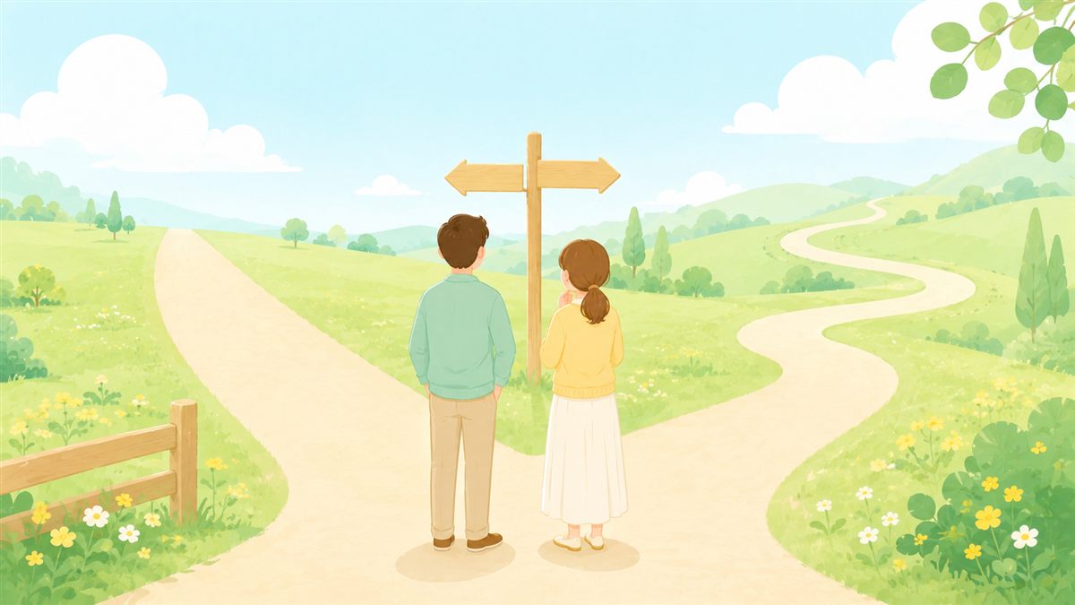 分かれ道の前に立つ夫婦、まっすぐな道とうねる道