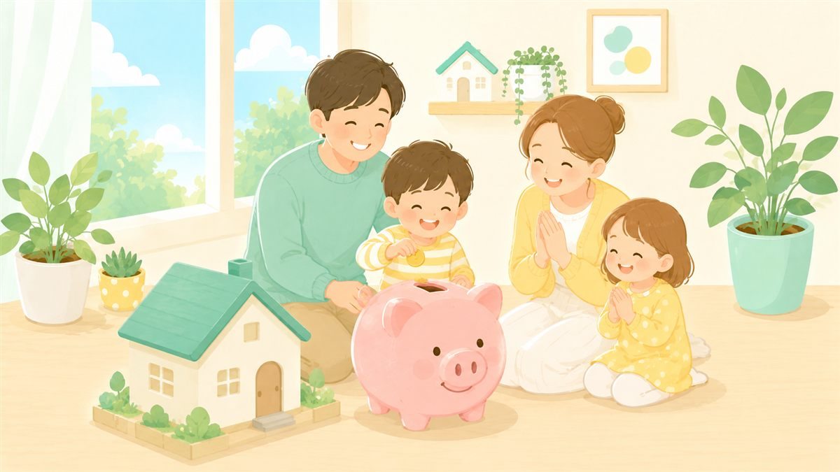 家と貯金箱を前に安心する家族