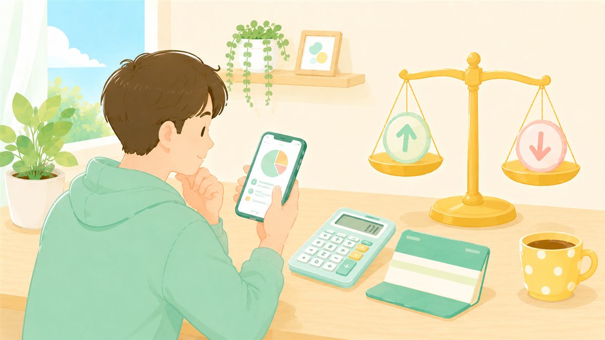 天秤に資産と生活費を乗せて釣り合いを考えるイメージ