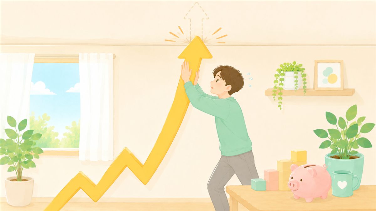 上向きの矢印(収入)が天井につかえて、それ以上は伸びない頭打ちのイメージ