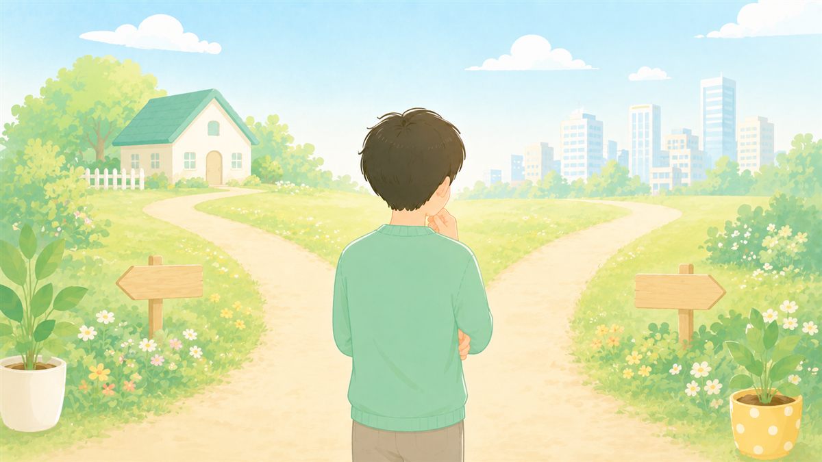 二股の分かれ道の前に立って、どちらの道を選ぶか考えている人物