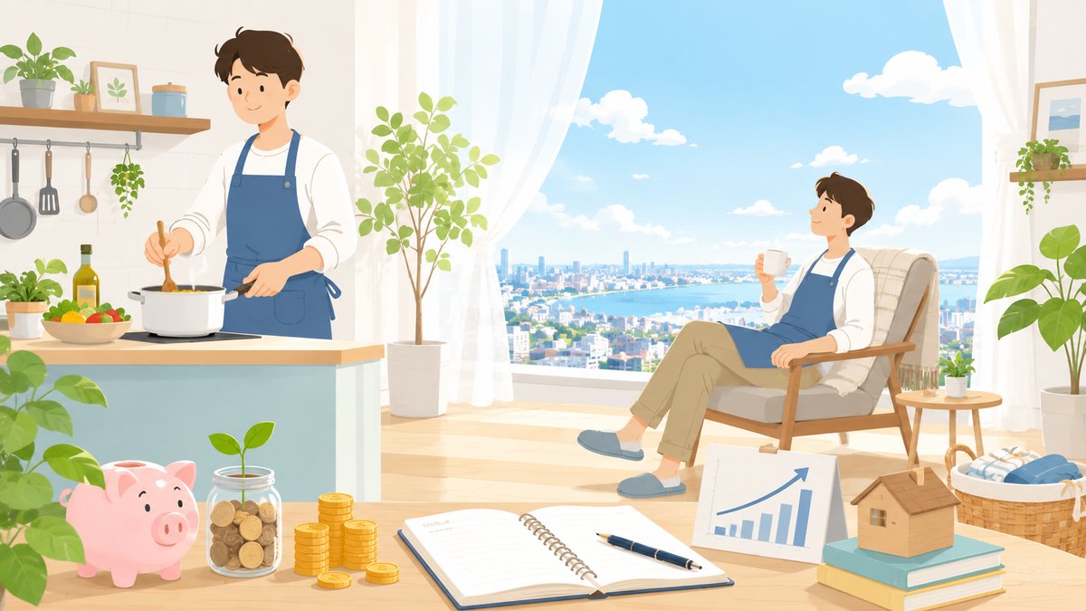 主夫FIREの暮らしと資産形成のイメージイラスト