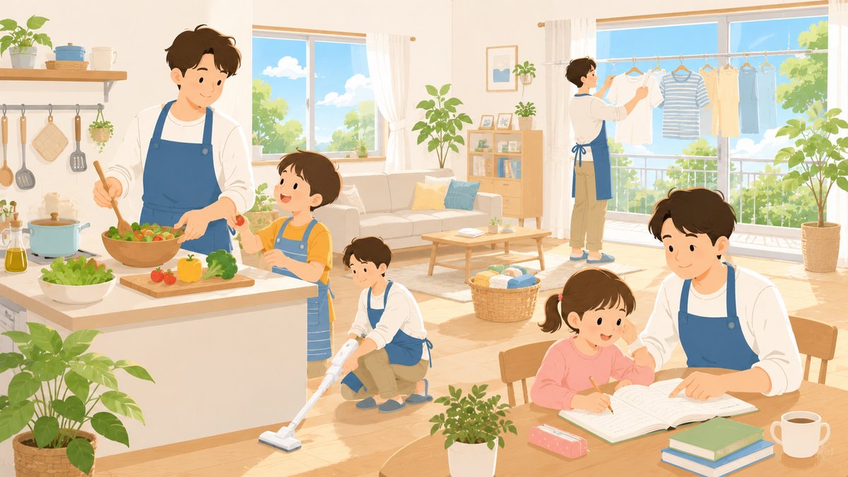 主夫FIREのある暮らしと家族の時間のイメージイラスト