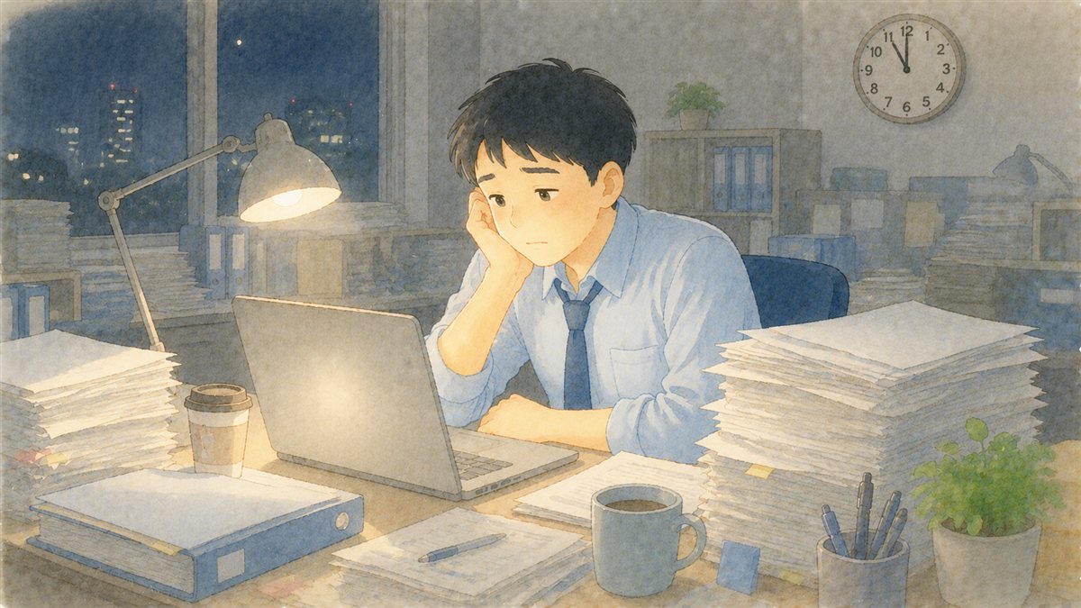 夜遅くの役所のオフィスで書類に囲まれ疲れた様子の男性職員