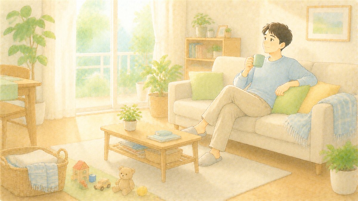 明るいリビングのソファでマグカップを手にくつろぐ主夫