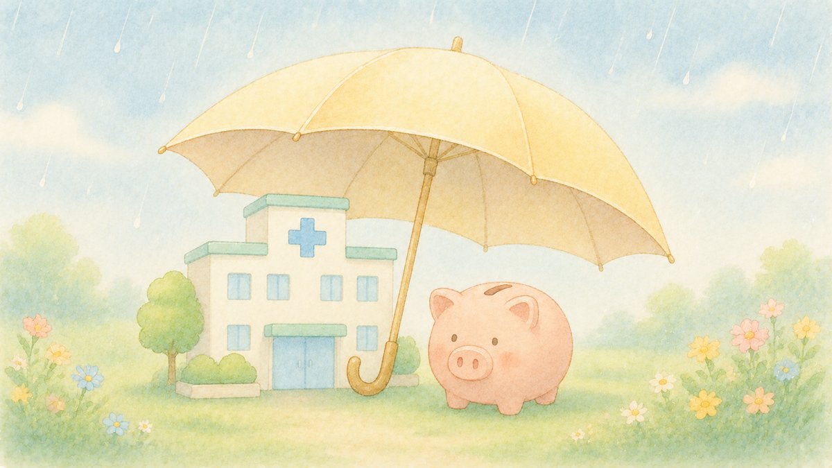 病院と貯金箱をやさしく守る傘のイラスト