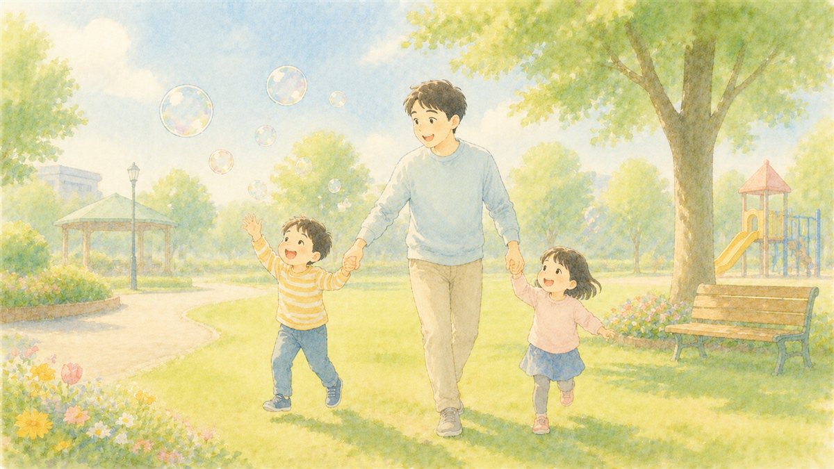 晴れた公園でお父さんと小さな子ども2人が手をつないで遊ぶ様子