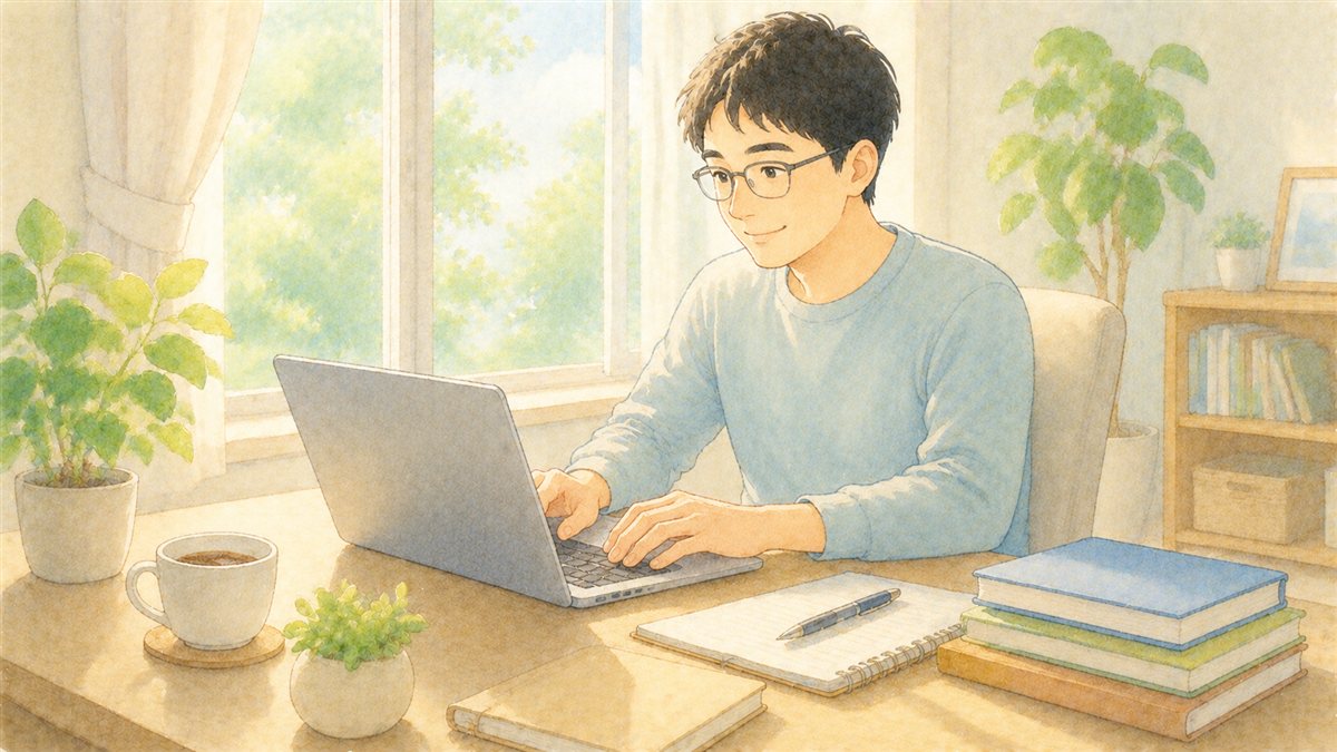 自宅の窓辺のデスクでノートパソコンに向かい前向きに働く男性