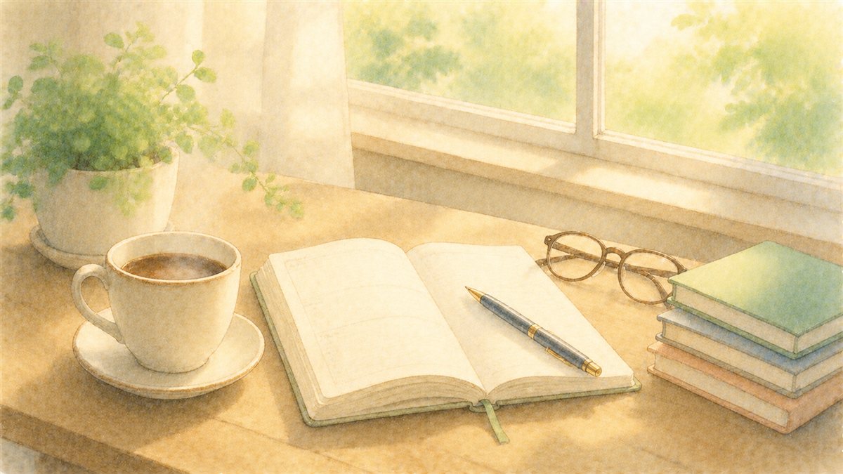 窓辺のテーブルに置かれたコーヒーと開いた手帳、読書用メガネ
