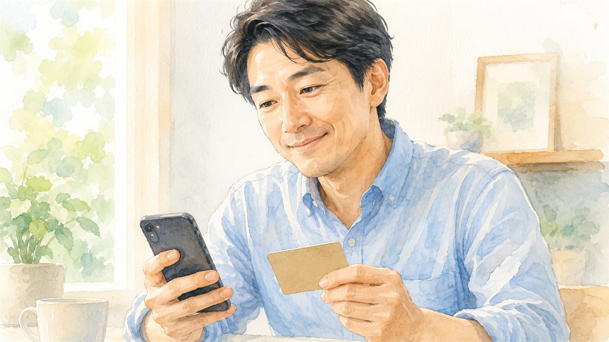 スマートフォンとクレジットカードを手に納得する男性の水彩イラスト