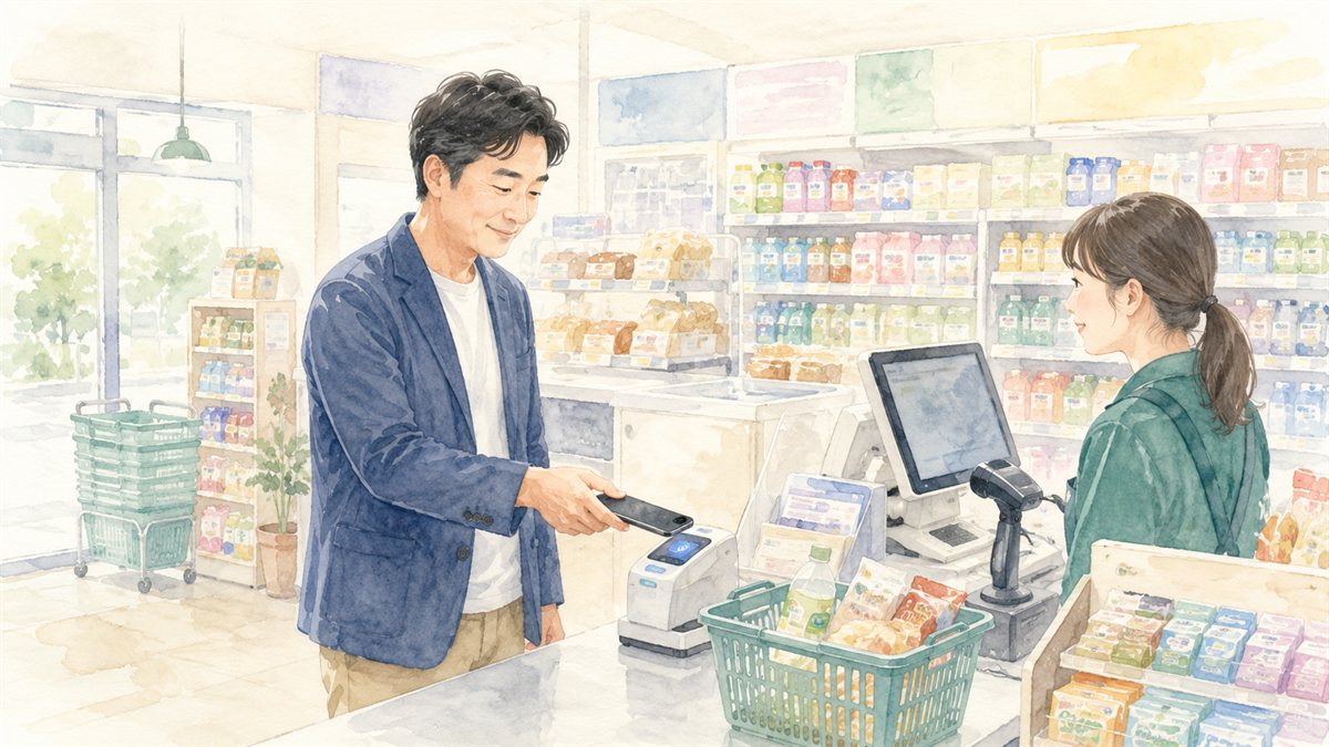 コンビニのレジでスマホをかざしてタッチ決済する男性の水彩イラスト