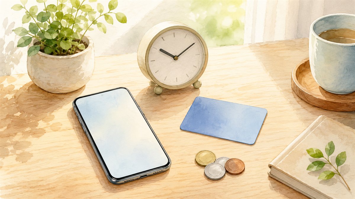 スマホ・クレジットカード・置き時計・小銭が並ぶ水彩イラスト(設定のまとめ)