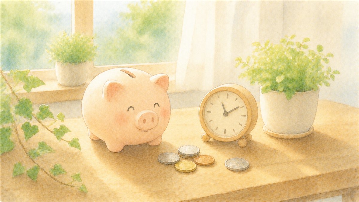 窓辺のテーブルに貯金箱・置き時計・観葉植物・小銭が並ぶ水彩イラスト