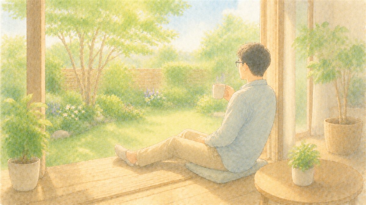 縁側で庭を眺めながらコーヒーを片手にくつろぐ男性の水彩イラスト