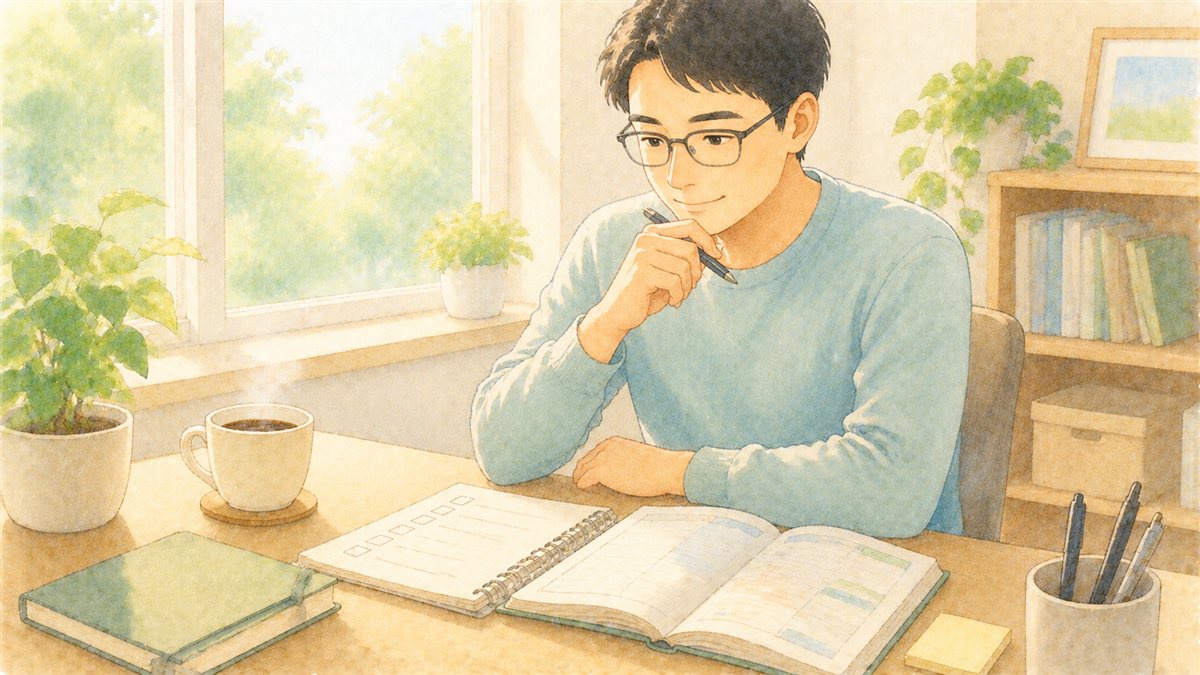 机で手帳やチェックリストを見ながら主夫FIREが自分に合うか考える男性