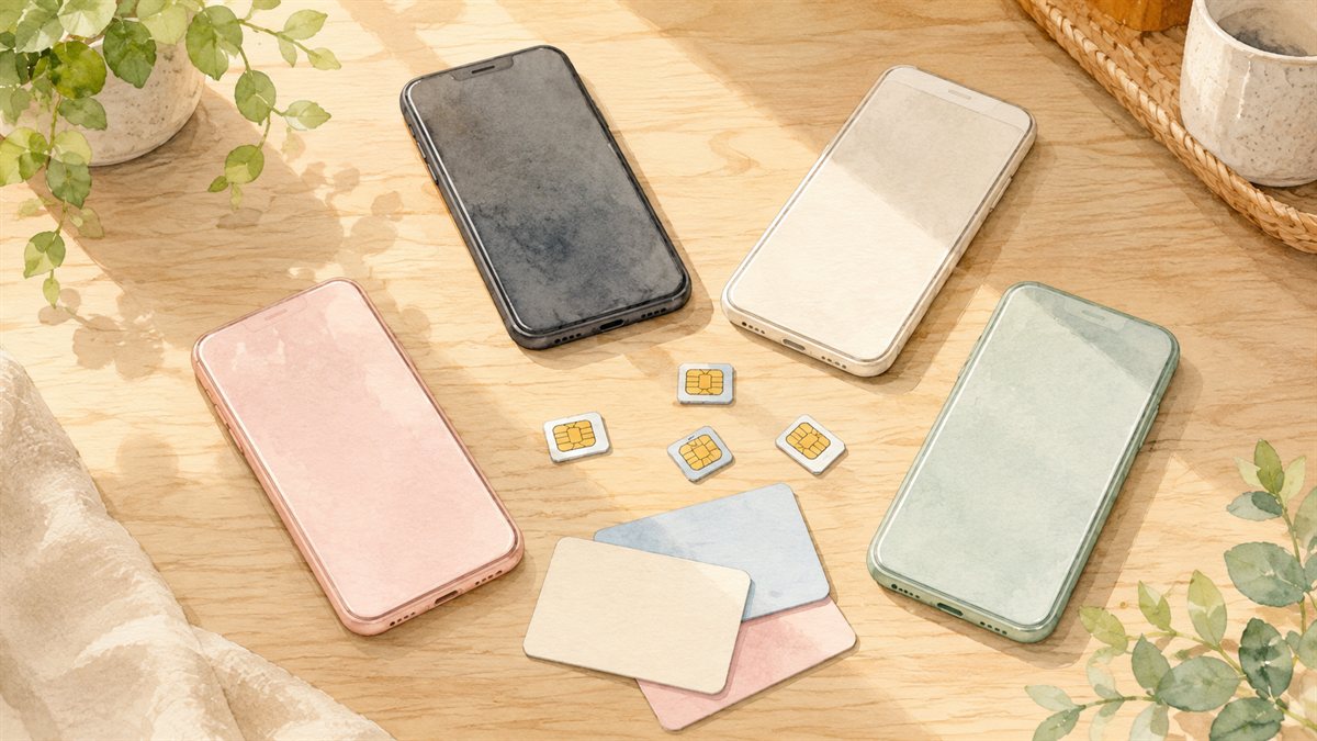 色違いのスマートフォン数台とSIMカードが並ぶ水彩イラスト(乗り換え先の選択肢)