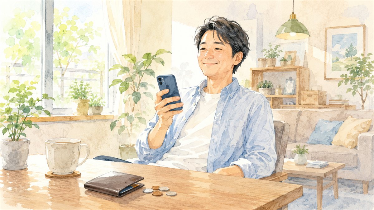自宅でスマートフォンを片手に満足げにくつろぐ男性の水彩イラスト(格安SIM乗り換え後)