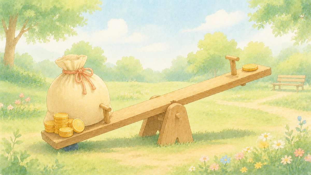 大きなコインの袋と小さなコイン1枚が乗って傾いたシーソーのイラスト