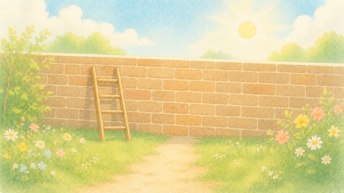 小道の先に立ちはだかるレンガの壁とはしごのイラスト