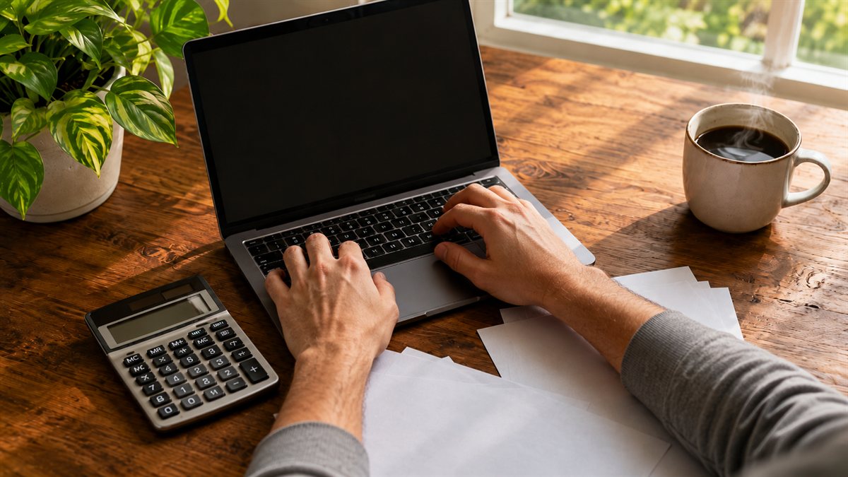ノートPCに数字を入力する手元
