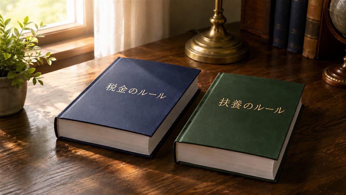 机に並んだ2冊の本。紺の表紙に「税金のルール」、深緑の表紙に「扶養のルール」