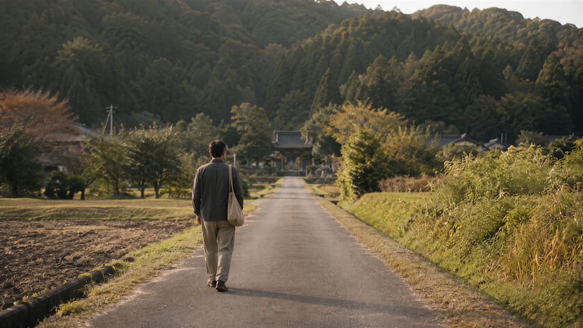 長い一本道を歩く人の後ろ姿。道の先に古い門が小さく見える