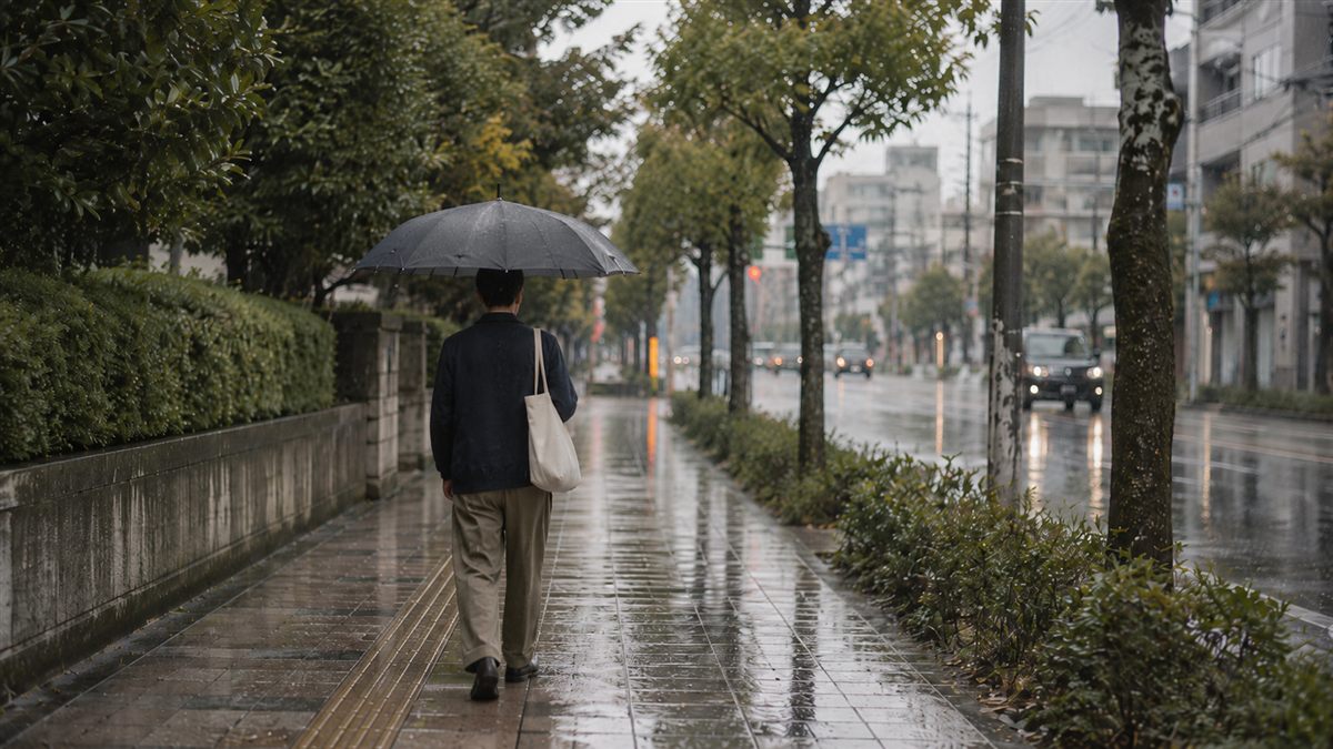 雨の歩道を、大きな傘をさして歩く人