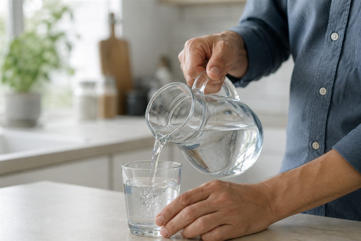 ピッチャーからグラスに、必要な分だけ水を注ぐ手元