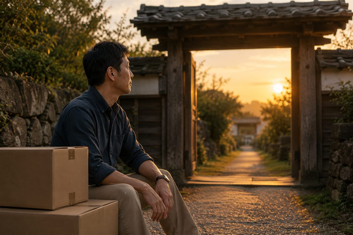 夕暮れの古い門の前で、荷物を運び終えてひと息つく人