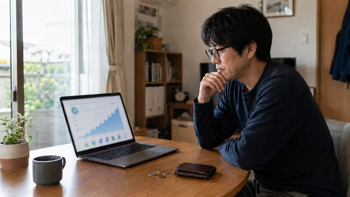資産のグラフを眺めながら薄い財布を手にする男性