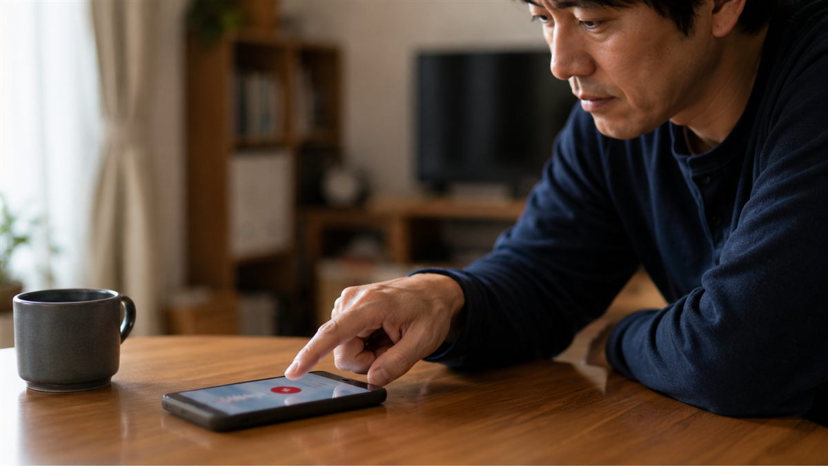 スマホの停止ボタンに指をかける男性