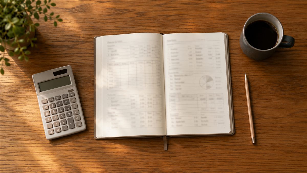 家計簿と電卓が置かれたテーブル
