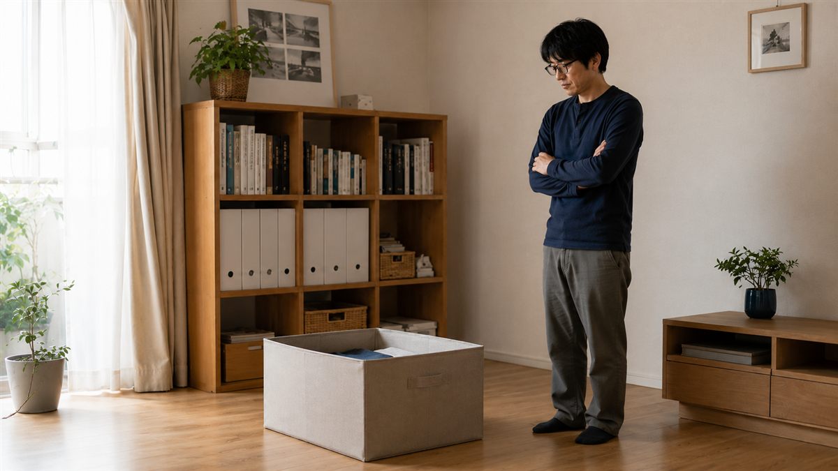 半分だけ埋まった収納ボックスを眺める男性