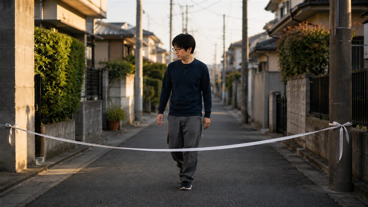 夕方の道に自分で張ったゴールテープ