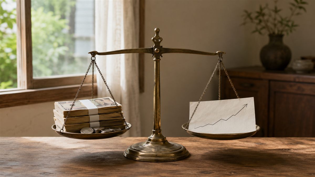 天秤に現金と投資信託を載せて見比べる様子