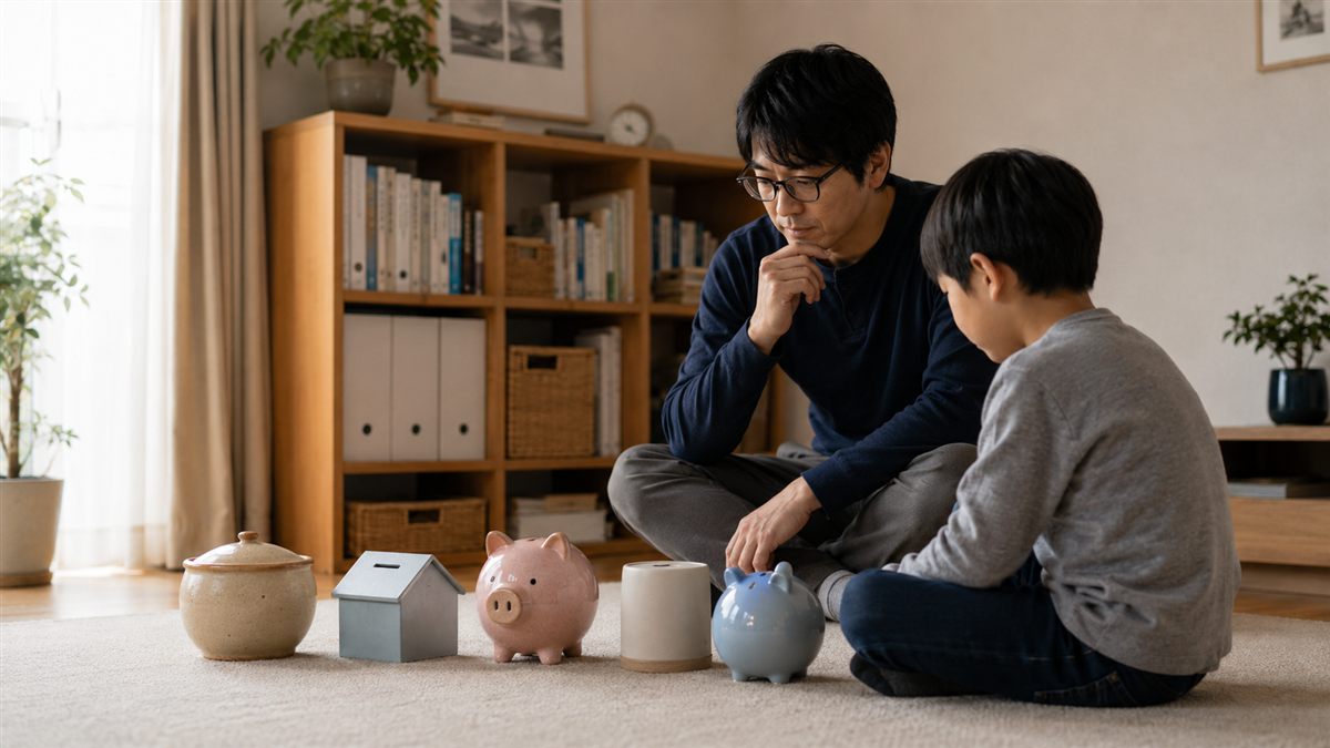 大小の貯金箱を並べて選ぶ親子