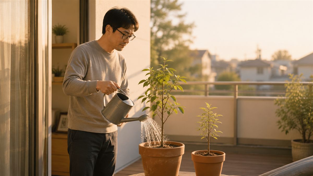 2つの植木鉢で育つ若木に水をやる父親