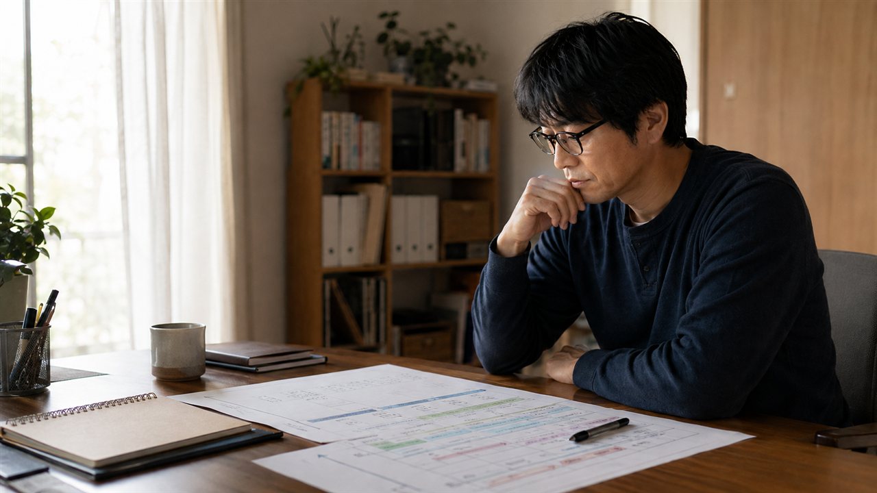 机に広げた教育資金の設計図を確認する父親
