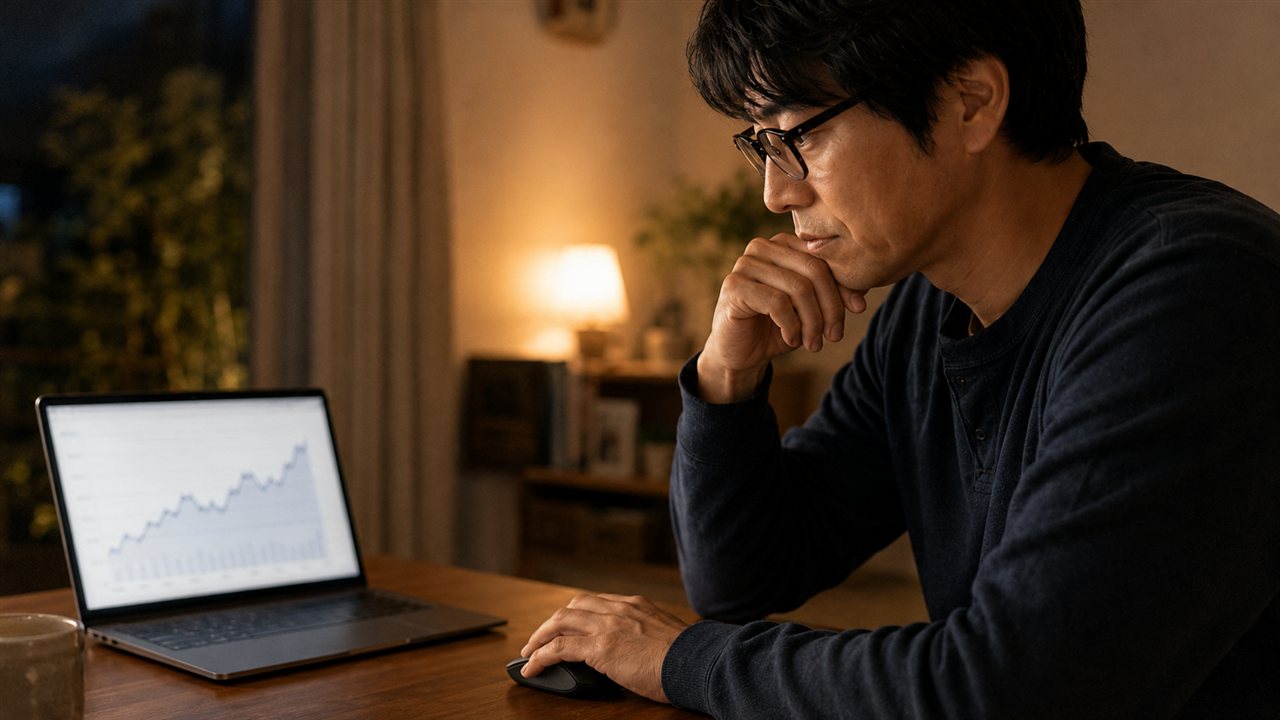 夜、ノートPCの上昇グラフを前に考え込む父親