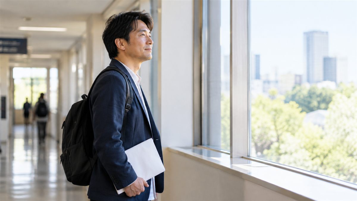 試験を終えて窓の外を見つめる男性