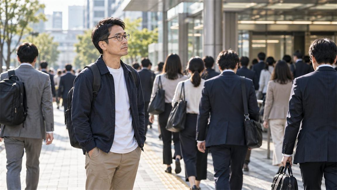 通勤する人の流れの中で立ち止まり、考え込む眼鏡の男性
