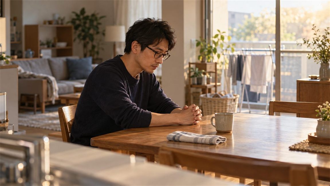 家事を終えた部屋で、静かに考え込む眼鏡の男性
